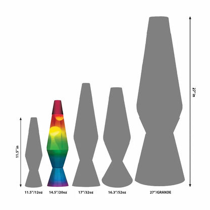 The image features a size comparison of lava lamps. The smallest is 11.5 inches in vibrant colors as a sensory accessory, while others are grayscale silhouettes—sizes 14.5" Rainbow LAVA Lamp, 16.3", 17", and towering 27"—each labeled with their size in ounces.