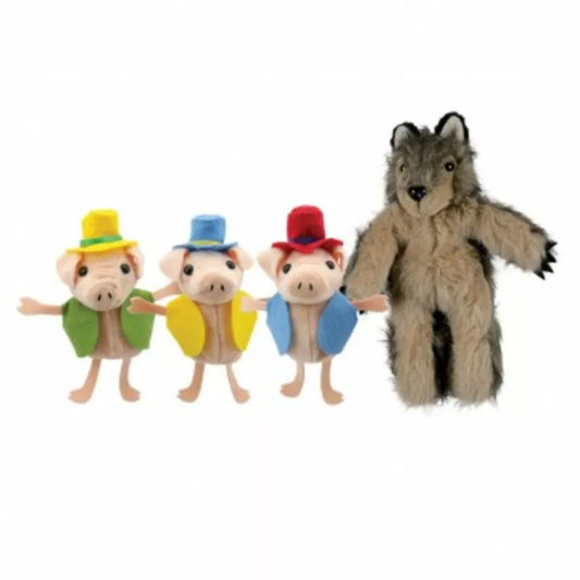 A finger puppets set representing the Wolf and the three Little Pigs With full padded bodies.