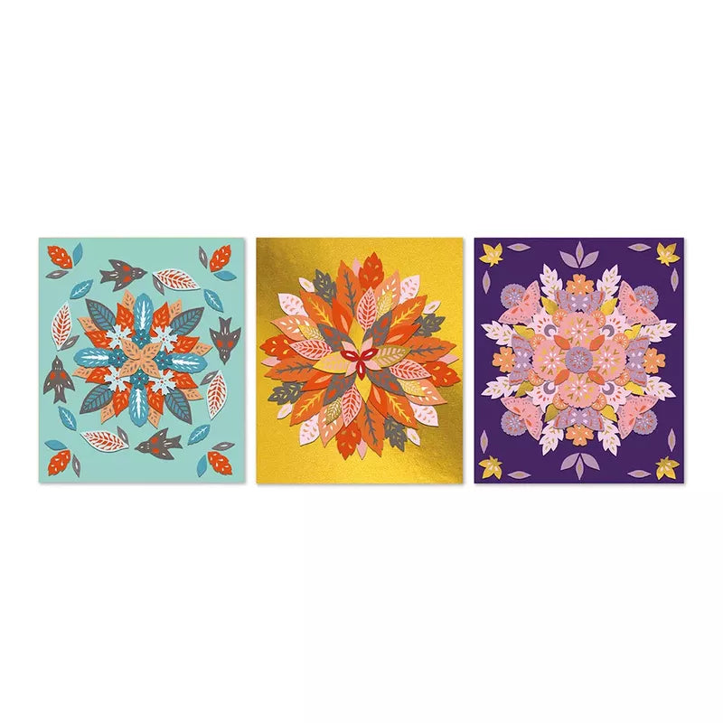 Three square panels from the Janod 3 Nature Mandalas with intricate floral patterns in symmetrical mandalas arrangement, each set against a different colored background – teal, golden yellow, and deep purple.