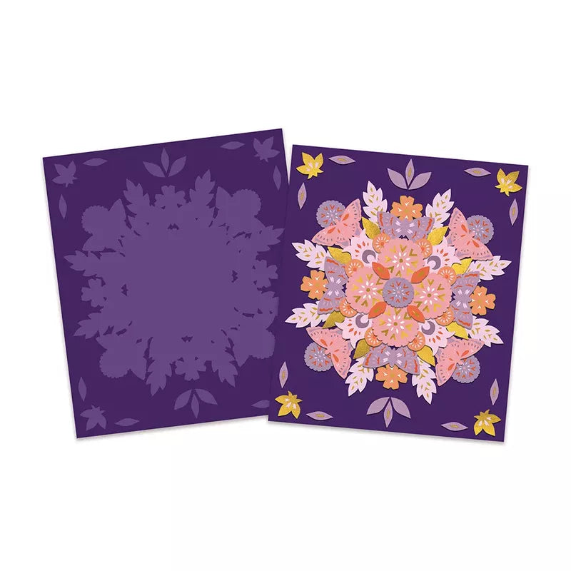 A pair of Janod 3 Nature Mandalas, one showcasing a purple floral silhouette and the other featuring a vibrant floral bouquet illustration with purple, pink, and yellow hues on a purple background, designed for a creative activity involving.
