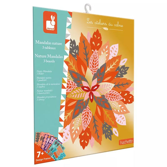 A Janod 3 Nature Mandalas toy for children aged 7+, featuring warm autumnal tones and leaf patterns, designed to promote calmness and creativity.