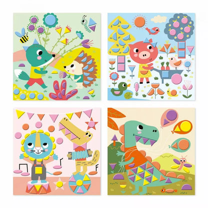 A colorful collection of four whimsical illustrations featuring anthropomorphic animals engaging in playful activities: gardening, partying, exercising, and making music against vibrant backdrops filled with geometric shapes and patterns using Janod 3 Years - Geometric Stickers.
