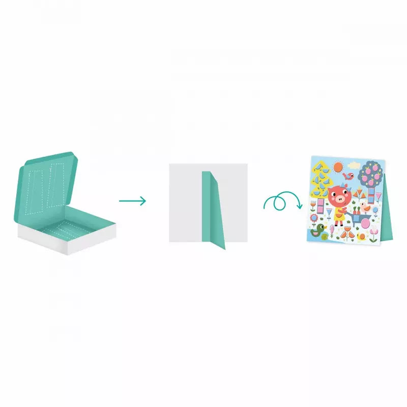 A step-by-step visual guide showing the transformation of a flat sheet of paper into a standing 3D popup toy with a Janod 3 Years - Geometric Stickers design.