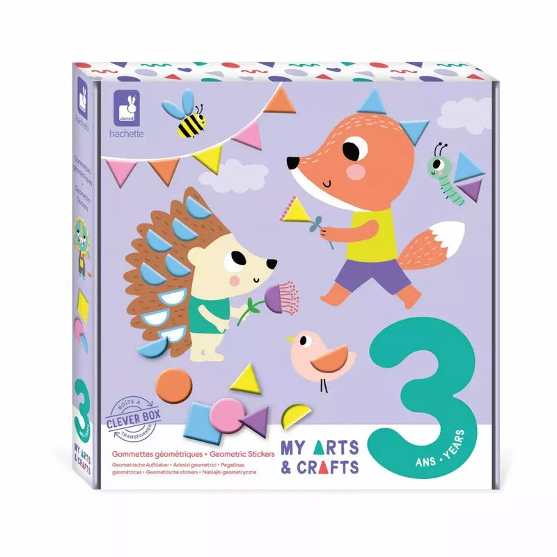 A colorful Janod 3 Years - Geometric Stickers featuring an illustration of a fox and a hedgehog engaging in crafting, with decorative details and text indicating it’s suitable for 3-year-olds.