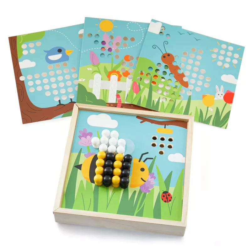 The Bigjigs Garden Peg Board, a wooden board game with bees and flowers, is perfect for enhancing colour recognition skills.