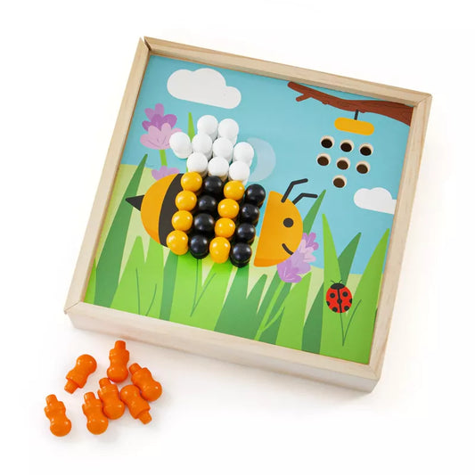 The Bigjigs Garden Peg Board is a wooden peg board game featuring bees and ladybugs that enhances color recognition skills.