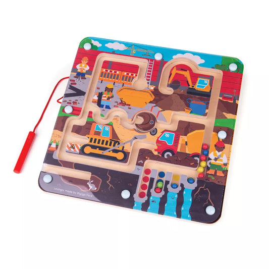 A Bigjigs Construction Maze Puzzle featuring a wooden construction vehicle, perfect for developing fine motor skills.