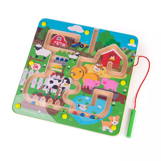 A Bigjigs Farmyard Maze Puzzle that enhances fine motor skills with wooden animals on a wooden board.