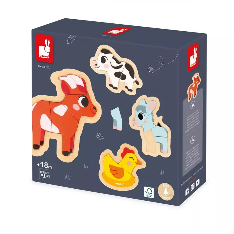 Sentence with Product Name: Janod 4 Progressive Puzzles - Farm for toddlers, with a cow, pig, duck, and lamb pieces displayed on the box.