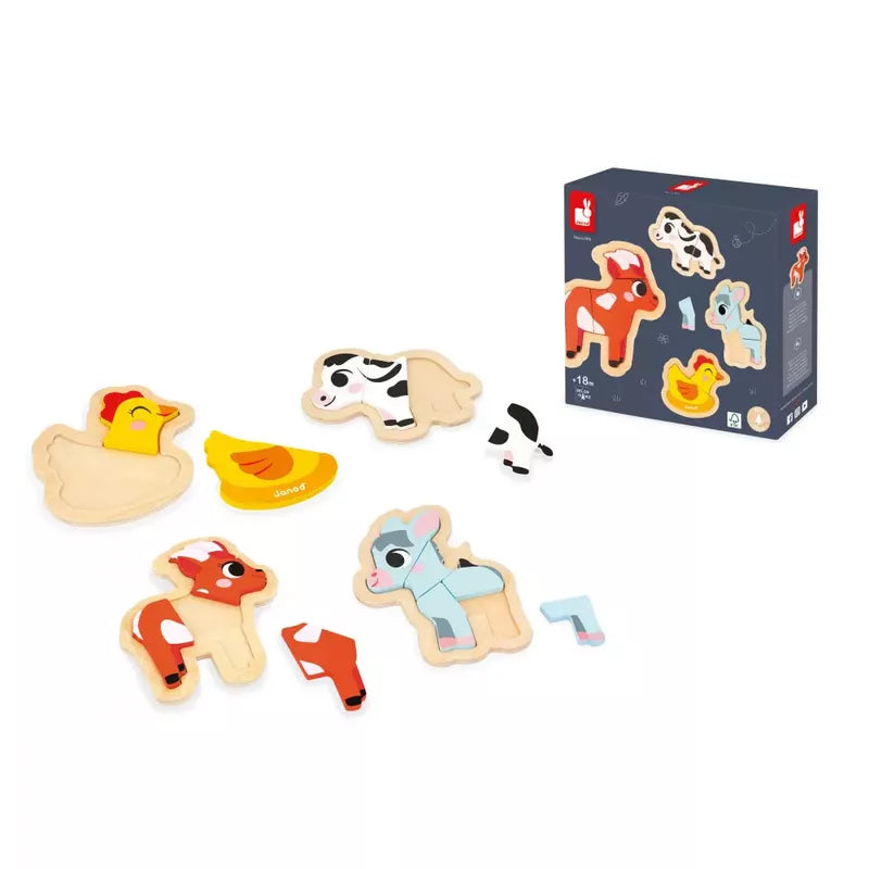 A set of Janod 4 Progressive Puzzles - Farm designed for young children, featuring farm animals, displayed next to their packaging box to enhance fine-motor skills.