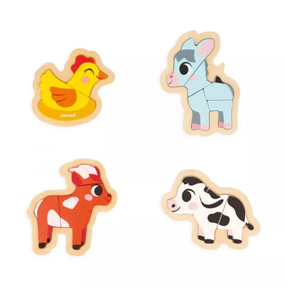 A set of Janod 4 Progressive Puzzles - Farm for children, including a duck, goat, cow, and sheep.