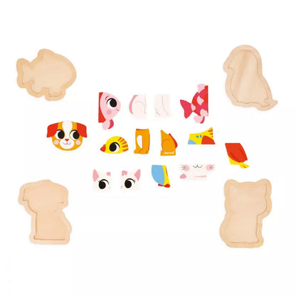 A collection of Janod 4 Progressive Puzzles - Pet, colorful wooden puzzle pieces designed to be assembled into animal shapes, displayed on a white background, perfect for toddlers.