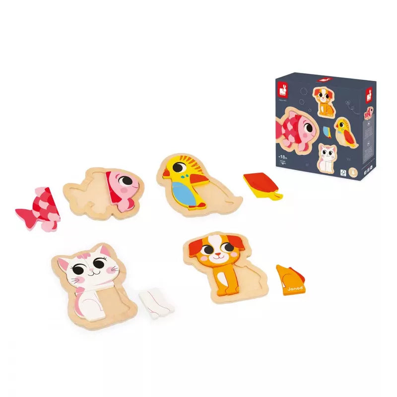 Colorful wooden puzzle pieces shaped like cute animals, including a fish, a bird, and dogs, partially assembled on a white background, with the Janod 4 Progressive Puzzles - Pet box visible. Perfect toy for toddlers.