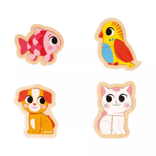 Colorful wooden puzzle pieces shaped like animals including a fish, a parrot, a dog, and a cat, designed for toddlers' learning and play. Try the Janod 4 Progressive Puzzles - Pet.