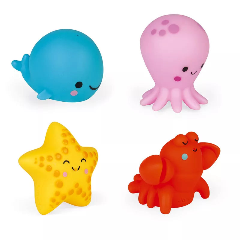 A set of four Janod 4 Sea Animals Squirters Bath Toys of different shapes and sizes.