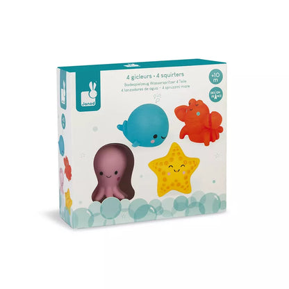 A box with a picture of Janod 4 Sea Animals Squirters Bath Toy.
