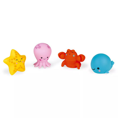 A group of three Janod 4 Sea Animals Squirters Bath Toys sitting next to each other.