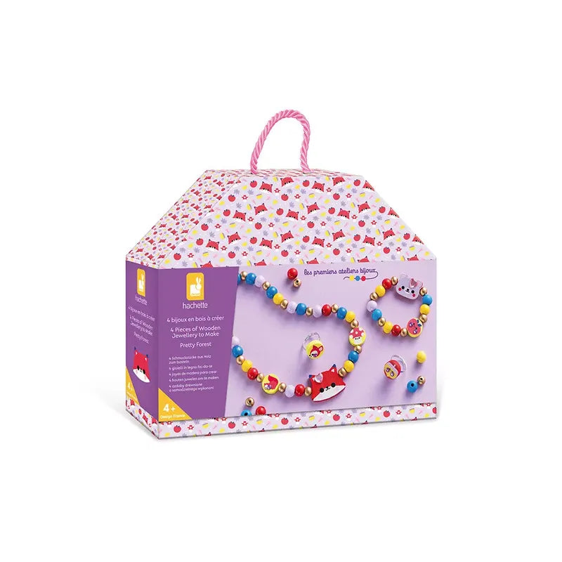 A creative toy for kids, the Janod 4 Pieces Of Wooden Jewellery To Make Pretty Forest craft kit features a colorful necklace and bracelet set. The purple box, adorned with candies and dessert illustrations, includes wooden beads and string for making jewelry. Recommended for ages 4 and up, it's the perfect children's jewelry kit to spark imagination.