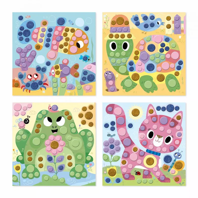 Illustration of four colorful and playful animals made using Janod 4 Years - Round Stickers, ideal for nurturing fine motor skills through arts & crafts. The images feature a fish, a snail, a frog, and a cat with big eyes, all set against a pastel-colored background surrounded by flowers, grass, and other nature elements.