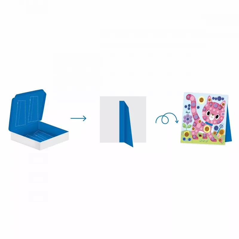 Step-by-step illustrated guide for a craft project featuring the Janod 4 Years - Round Stickers. The first image shows an open blue arts & crafts box, the second shows a blue triangular stand, and the third depicts a colorful, decorated standee featuring a smiling pink cat surrounded by flowers, perfect for honing fine motor skills.