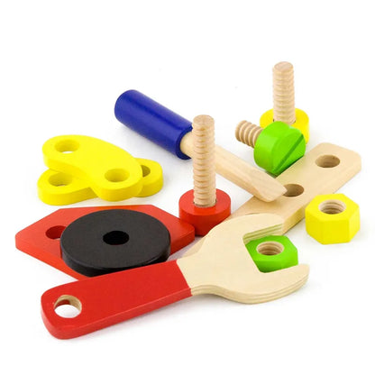 The New Classic Toys Construction Block Set, comprising 48 pieces, features a colorful array of wooden components including a red wrench, yellow nuts, a blue mallet, screws, and various interconnecting pieces in red, yellow, green, and black. This playful assortment fosters problem-solving through hands-on creativity.