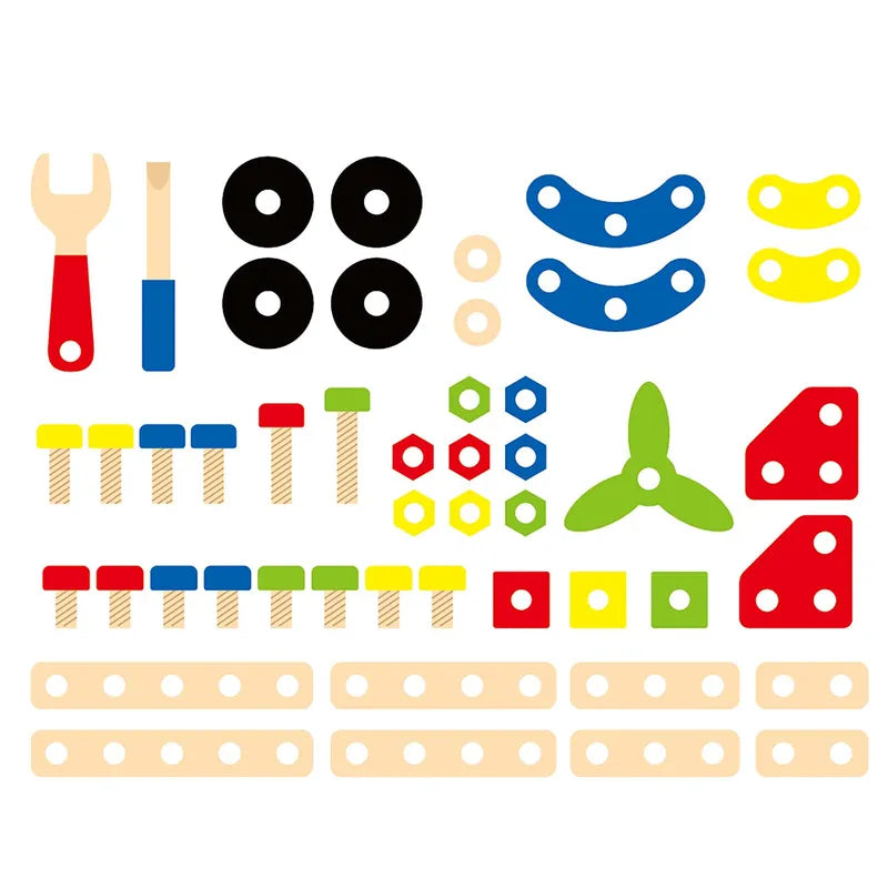 The New Classic Toys Construction Block Set 48 pieces is spread out on a white background, showcasing its various colorful parts. The set includes bolts, nuts, wrenches, washers, brackets, panels with holes, and a green propeller. Made of wood and plastic in vibrant red, blue, yellow, and green hues, this set fosters problem-solving skills.