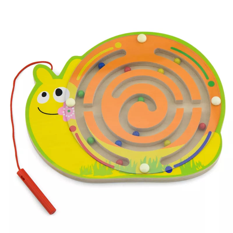 Introducing the New Classic Toys Magnetic Bead Trace Snail, a vibrant wooden maze in the shape of a snail, complete with a cheerful expression. This engaging toy features a magnetic wand attached by a string, allowing children to guide various colorful balls through intricate tracks. It's the perfect relaxing activity for curious minds, offering bright and captivating fun as an educational magnetic game.