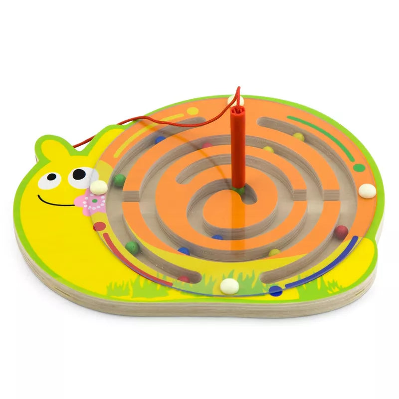 The New Classic Toys Magnetic Bead Trace Snail is a wooden, snail-shaped toy featuring a spiral maze with colorful balls inside. It comes with a magnetic wand attached by a string, allowing children to guide the balls along the path. The snail, primarily yellow and green, has a smiling face with big eyes, making it an engaging and relaxing activity for kids.