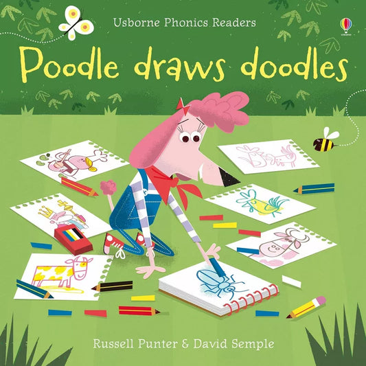 A children's book cover featuring Usborne Phonics Readers: Poodle draws doodles, designed to enhance reading skills with parental guidance.