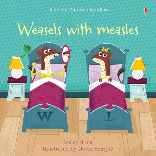 Usborne Phonics Readers: Weasels with measles book cover featuring young readers with reading skills and weasels with measles.