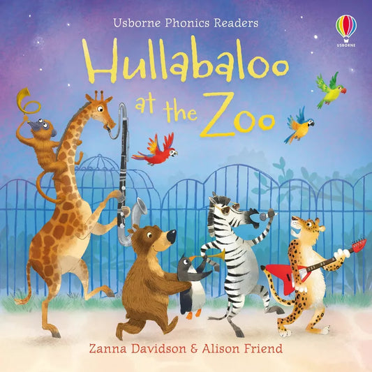 A lively and entertaining children's book filled with Usborne Phonics Readers: Hullabaloo at the Zoo, perfect for developing language and reading skills with parental guidance.