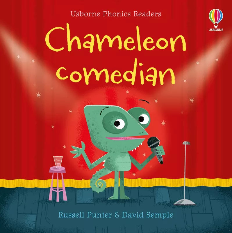 A children's book cover for Usborne Phonics Readers: Chameleon comedian, incorporating parental guidance notes.