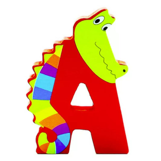 A wooden letter animal – A with a colorful alligator on it.