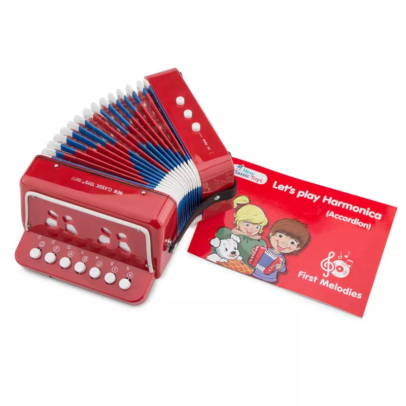 New Classic Toys Red Accordion with Music Book with a pack of blue and white strings.