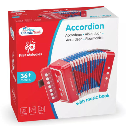 The New Classic Toys Red Accordion with Music Book has blue and white strings.