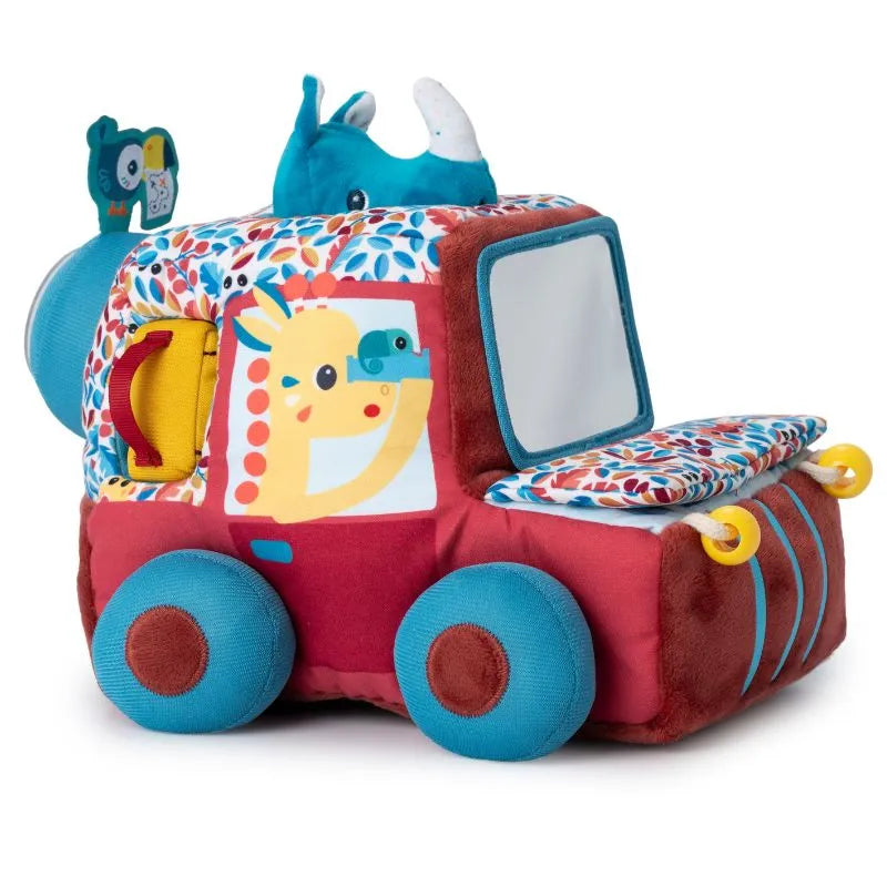 The Lilliputiens I'm Discovering Activities Car Safari is a colorful plush toy car featuring red and blue accents, an animal driver fabric design, a small mirror on the side, and a cute blue rhino peeking out. An elephant design makes it an ideal baby gift.