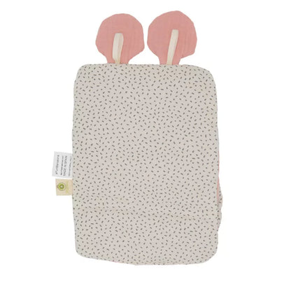 a white and pink Organic Activity Baby Toy Mouse with two ears on it.