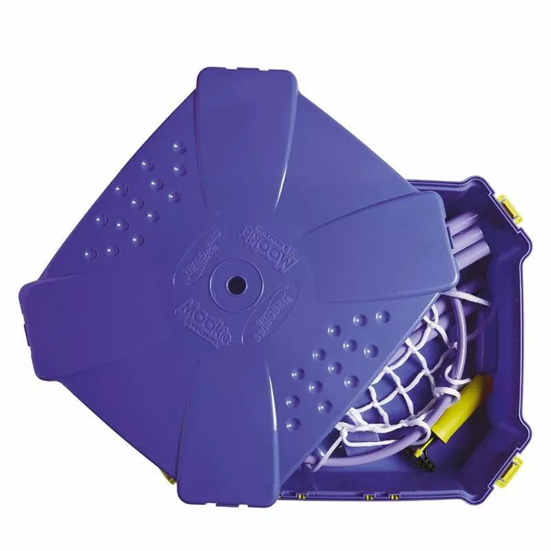a purple plastic All Surface Netball box with a yellow handle.