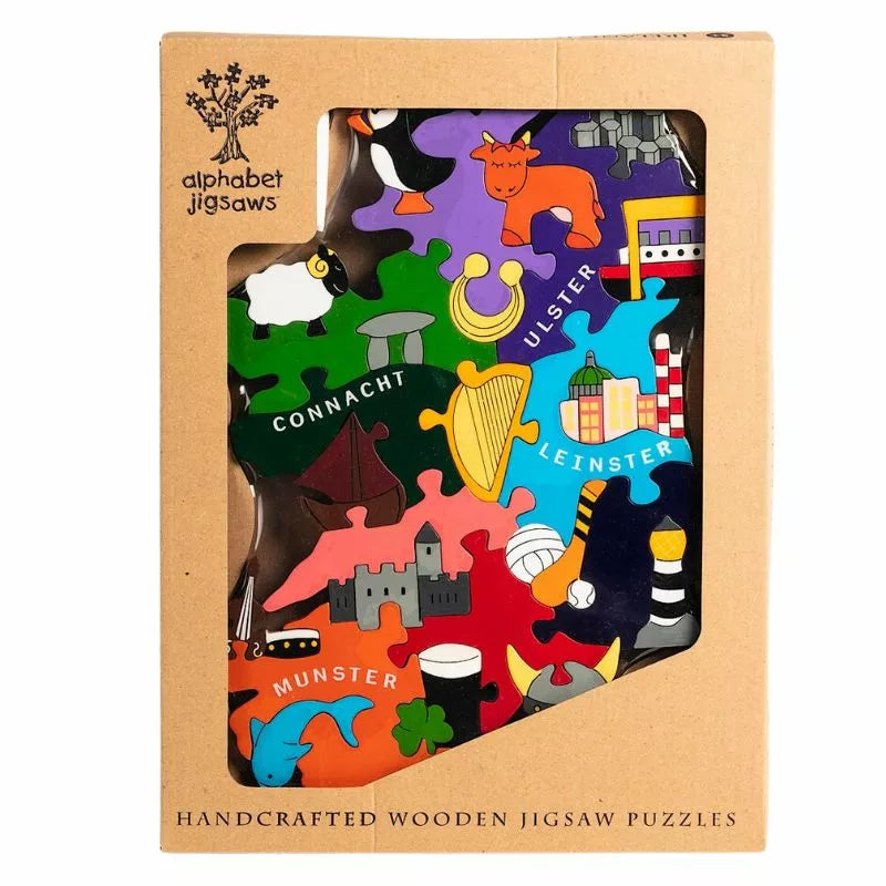 A cardboard box with an Alphabet Jigsaws Ireland Icons puzzle piece in it from Alphabet Jigsaws.