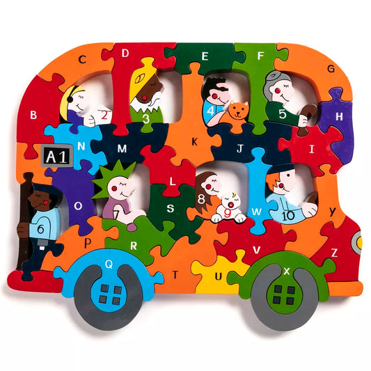 A wooden jigsaw in the shape of a  Bus. Each piece has a different colour and an alphabet letter on it.