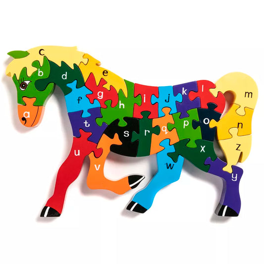 A wooden jigsaw in the shape of a  Horse. Each piece has a different colour and an alphabet letter on it.