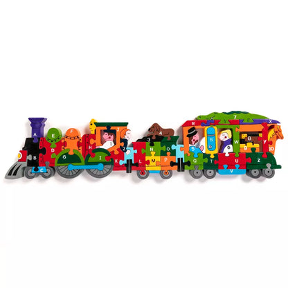 A wooden jigsaw in the shape of a  Train. Each piece has a different colour and an alphabet letter on it.
