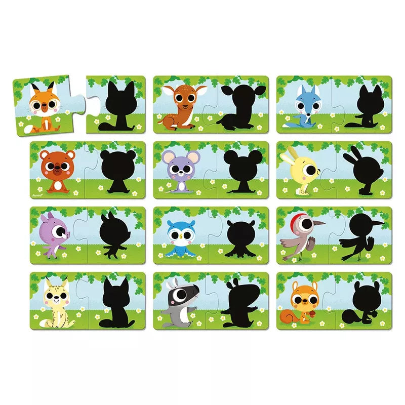 A series of Janod Animals And Their Shadow Puzzles featuring cute cartoon animals on one side and their black silhouettes on the other, designed for association games by Janod.
