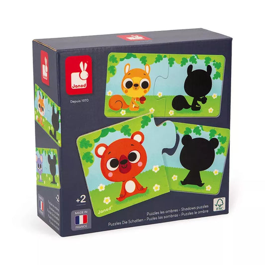 Box of Janod Animals And Their Shadow Puzzles featuring colorful animals and their corresponding silhouettes, designed to enhance matching and cognitive skills in young kids as an association game.