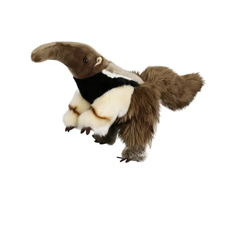 The Puppet Company Full-bodied Hand Puppet Anteater features a plush design with a long snout, brown and cream fur, and a bushy tail. Ideal for imaginative play and fine-motor skill development, photographed against a white background.