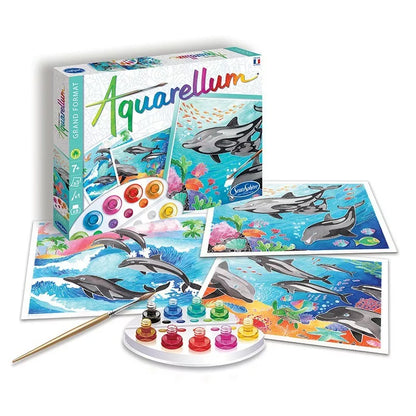A set of Sentosphere Aquarellum Dolphins paints, brushes, and a box of vibrant colors.