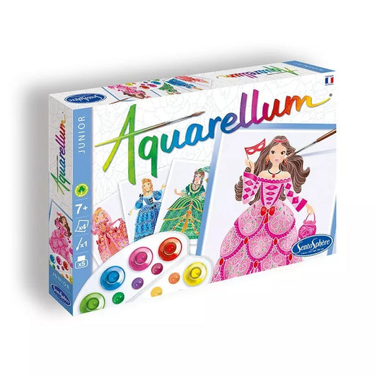 A box of Sentosphere Aquarellum Junior Princesses with a toy doll dressed in a dress.