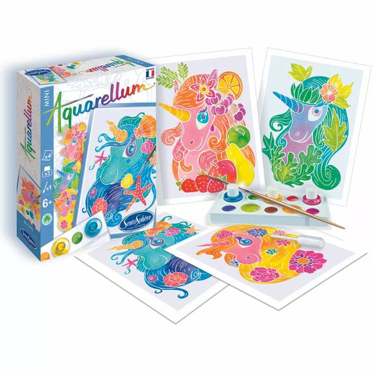 A set of Sentosphere Aquarellum Mini Unicorns and a box of painting toys.
