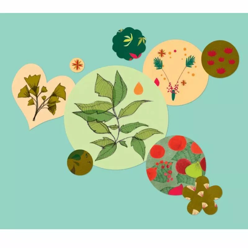 A creative display of plants and flowers, depicted through Artists Stickers – Botanica, set against a vibrant blue background.