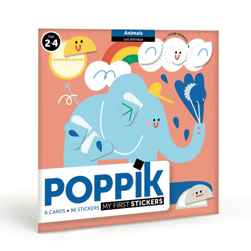 The "Poppik Sticker Cards Set - Baby – Animals" for ages 2-4 includes 6 portable animal-themed cards and 96 stickers—ideal for creative preschool fun at home or on the go.